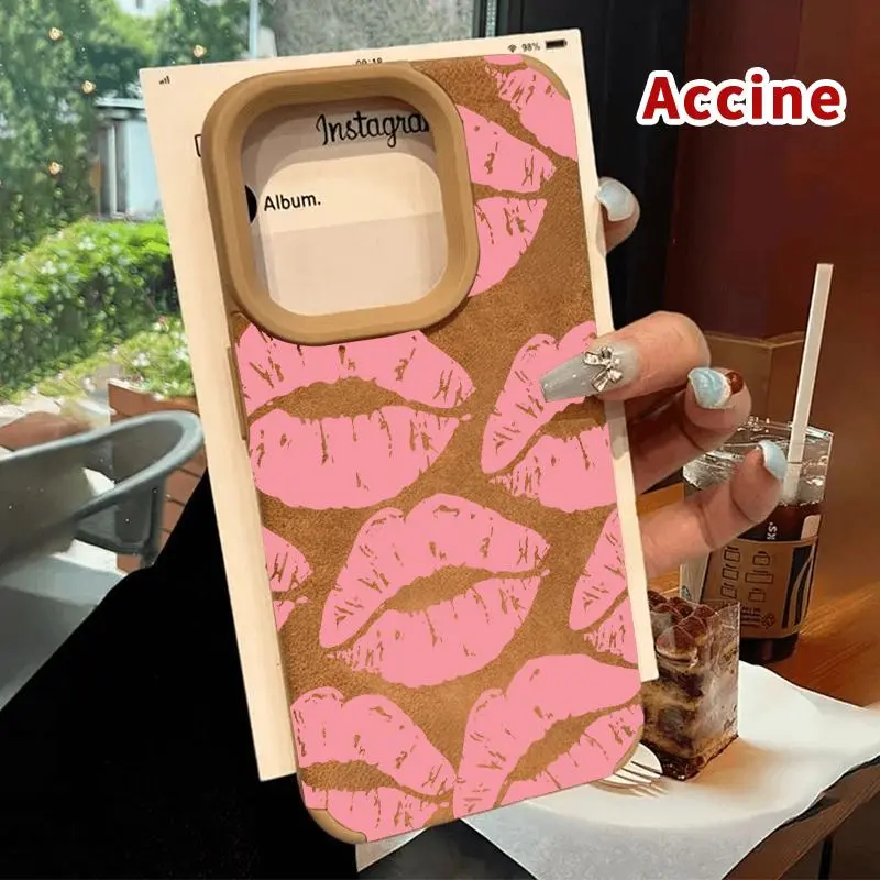 Lambskin Faux Leather Smartphone Case, Luxury Matte Handheld Cellphone Casing for iPhone 16/15/14 Pro Max/13/12/11/XR/XS Plus, Lover's Lip Print, Shockproof, Full Camera Protection, Durable Slim Silicone Cover for Devices