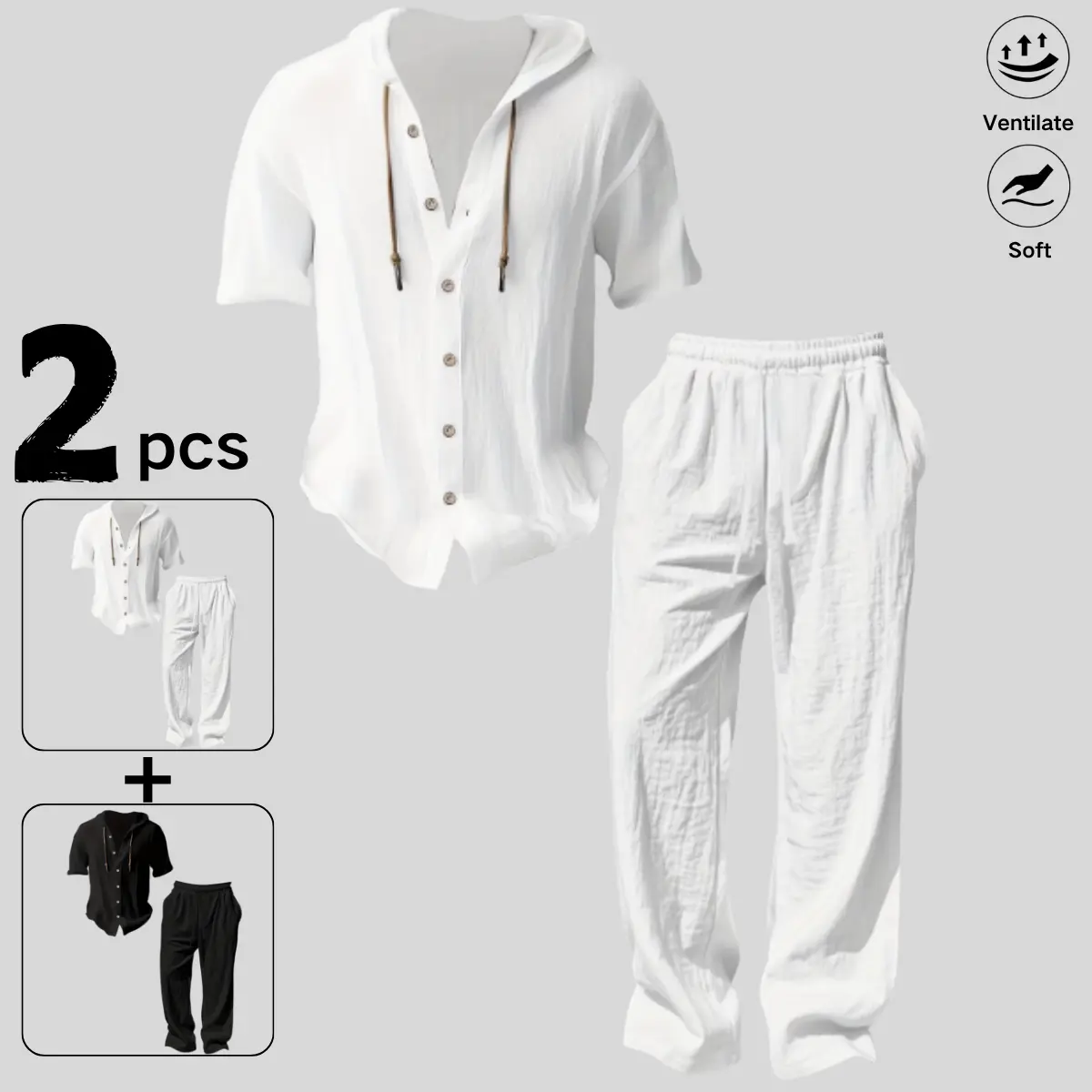 Men’s two-piece set: short-sleeve hooded top and long pants for summer, made from soft linen, featuring a drawstring Henley collar—casual outfit.