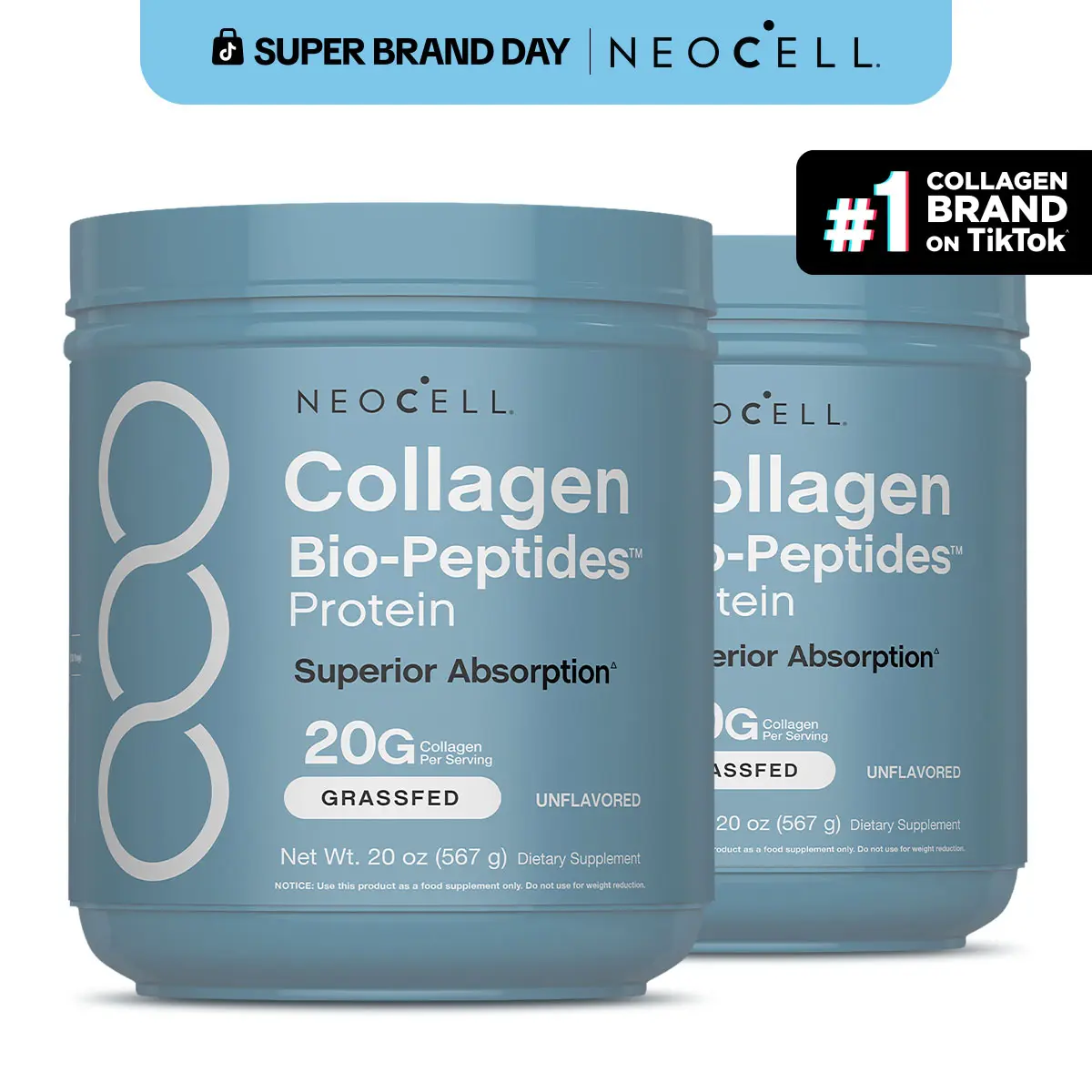 2x NeoCell Collagen Bio-Peptides Powder 20oz - Grassfed Protein Supplement - Advanced with 18 Essential Amino Acids