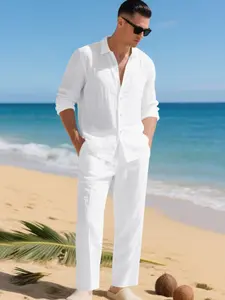 Men's Casual Fashion Loose Fit Long Sleeve Button Front Linen Shirt & Plain Beach Pants Set for All Seasons