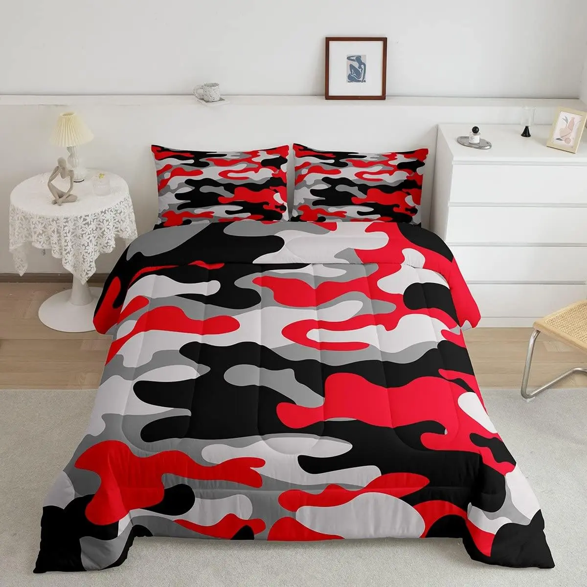 Feelyou King Size Geometric Digital Print Camouflage Printed Bedding Set - Red Black White Luxury Super Soft Quilt Bedspread Set, Designer Bedroom Home Decor for Teens