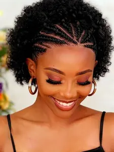 10 Inch Afro Kinky Curly Human Hair Wig with Braids, 13x4 Transparent Lace Front, Short Curly Bob Wig for Women, Pre-Plucked Natural Hairline, Curly Wigs, Braided Wigs, Lace Braiding Wig, Glueless Curly Wig