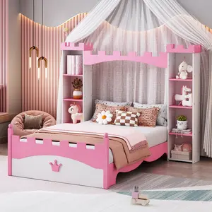 Kartivo-home Castle-Shaped Wooden Bed with Storage Shelf Dreamy Twin Size Platform Bed for Bedroom White Pink Linen Upholstery Integrated Charging Station