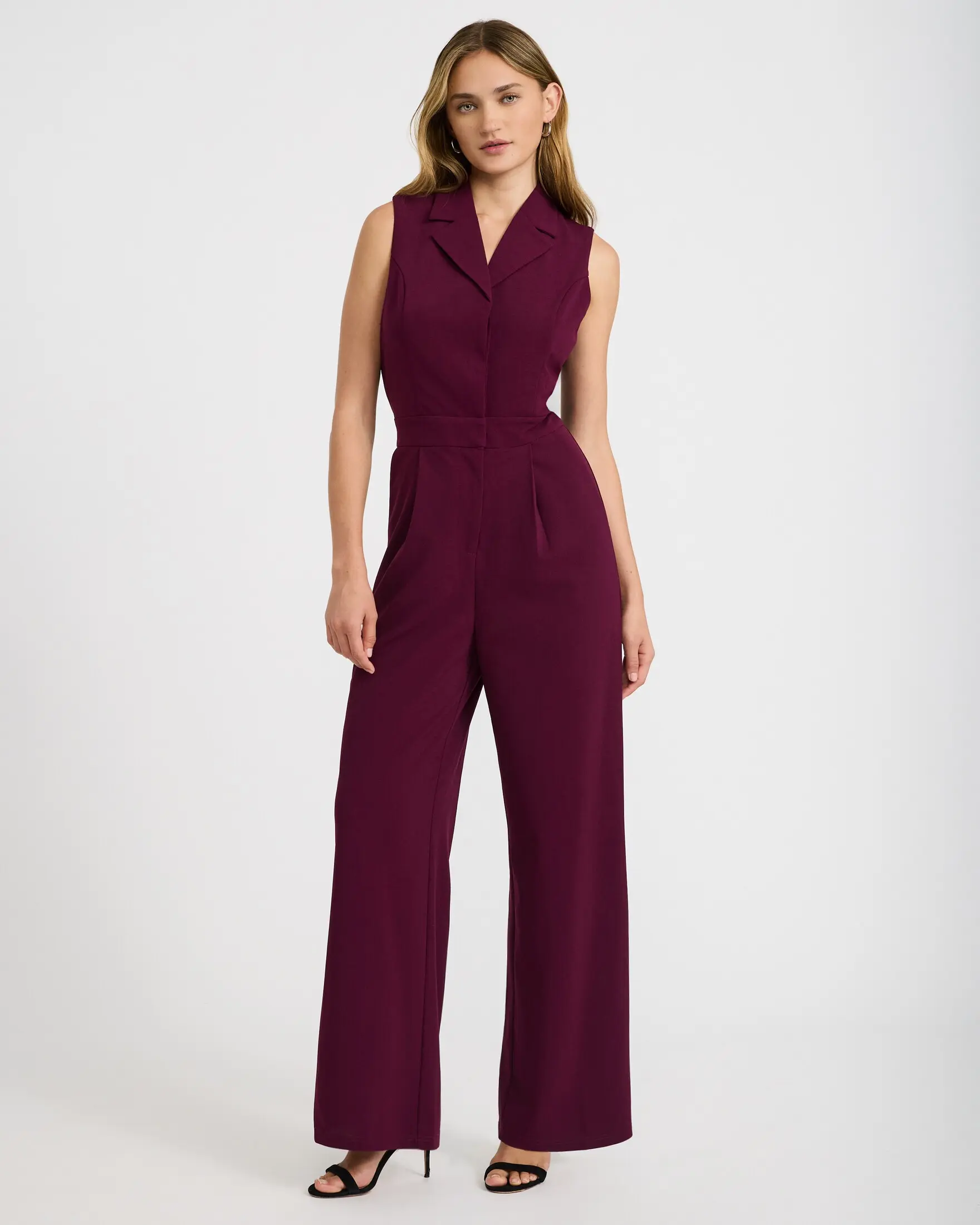 Express V-Neck Tailored Wide Leg Blazer Jumpsuit with Pockets, Polyester, Spandex