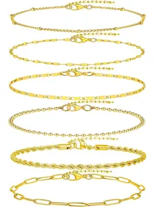 6PCS 18k Gold Plated Stainless Steel Ankle Bracelets for Women Waterproof Layered Herringbone Figaro Bead Paperclip Rope Tennis Box Cuban Link Rolo Satellite Chain Anklets Set Gold Tone