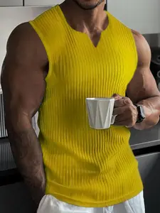 Men's Spring ＆ Summer Outfits Plain Textured V-Neck Sleeveless Vest for Daliy Wear, Gym Wear, Sports Fitness Vest, Ideal for Gym Casual Sports Wear, Essential Men's Wardrobe Item.