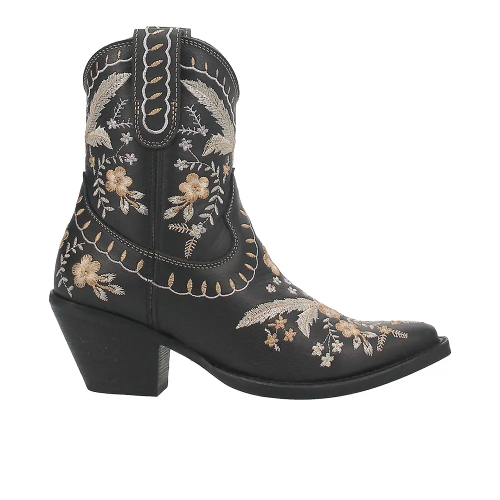 Dingo Womens Primrose Floral Embroidered Pull On Snip Toe  Casual Boots Ankle Mid Heel 2-3" - Black