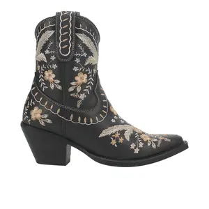 Dingo Womens Primrose Floral Embroidered Pull On Snip Toe  Casual Boots Ankle Mid Heel 2-3" - Black