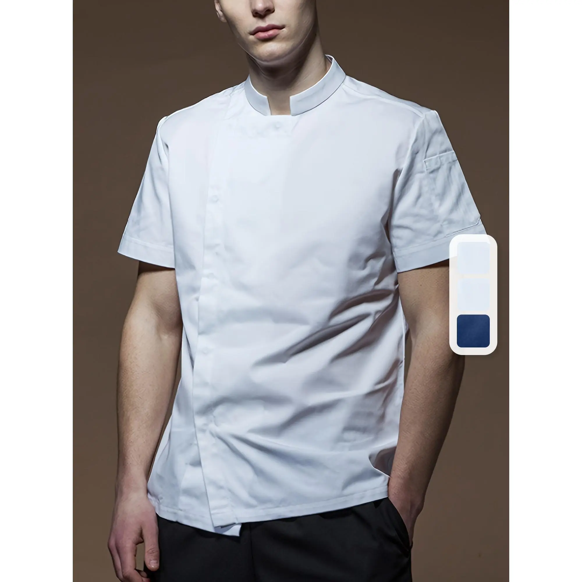 Men's Lightweight Breathable Chef Jacket, Plain Polyester Workwear Uniform with Short Sleeves and Stand Collar for Kitchen Use