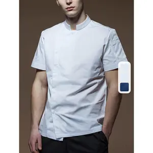 Men'S Lightweight Breathable Chef Jacket - Solid Color, Stand Collar, Short Sleeve, Comfortable Polyester Kitchen Cooking Uniform with Button Details for Restaurant and Hotel Use, Professional Chef Wear |   Short Sleeve Jacket |   Fabri
