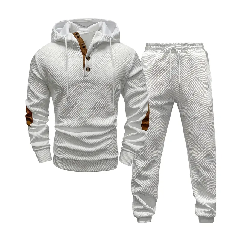 White Geometric Textured Tracksuit Set for Urban Streetwear Sporty Style Polyester Sportswear Trendy Fashion Looks Casual