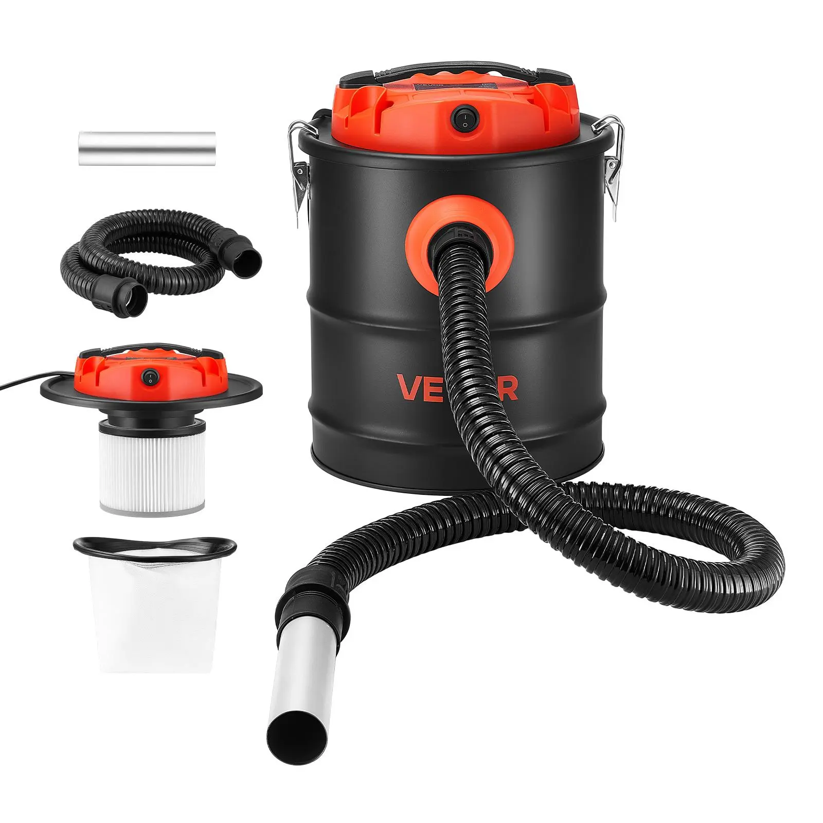 VEVOR 4gal Corded Dust Extractor, 1200W Steel Body High Performance Vacuum, Double Stage Filtration, 4 FT Hose, Black & Orange for Fireplace, Pellet Stove Cleaning