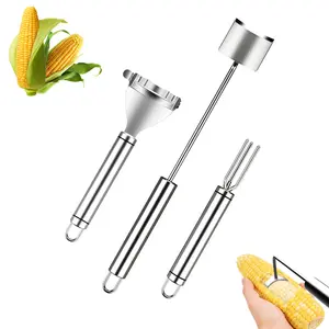 3Pcs Stainless Steel Corn Stripper Utensils Set - 3 Different Blades Cob Scraper, Quick Kernel Extractor for All Sizes, Hanging Kitchen Gadget