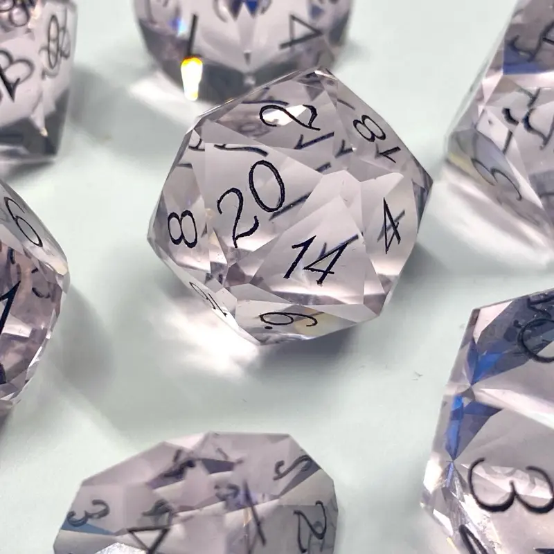 Wish- Elegant 'Diamond Cut' Real Glass Full 7 Piece Dice Set- Multi-Faceted - Etched Numbers - Lavender - Balanced & Stunning- DnD, TTRPGs