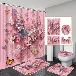 This pink shower curtain set with butterfly and floral pattern, featuring a non-slip mat, U-shaped rug, and toilet seat cover, is perfect for bathroom décor and enhances the space. It also includes 12 shower curtain hooks.