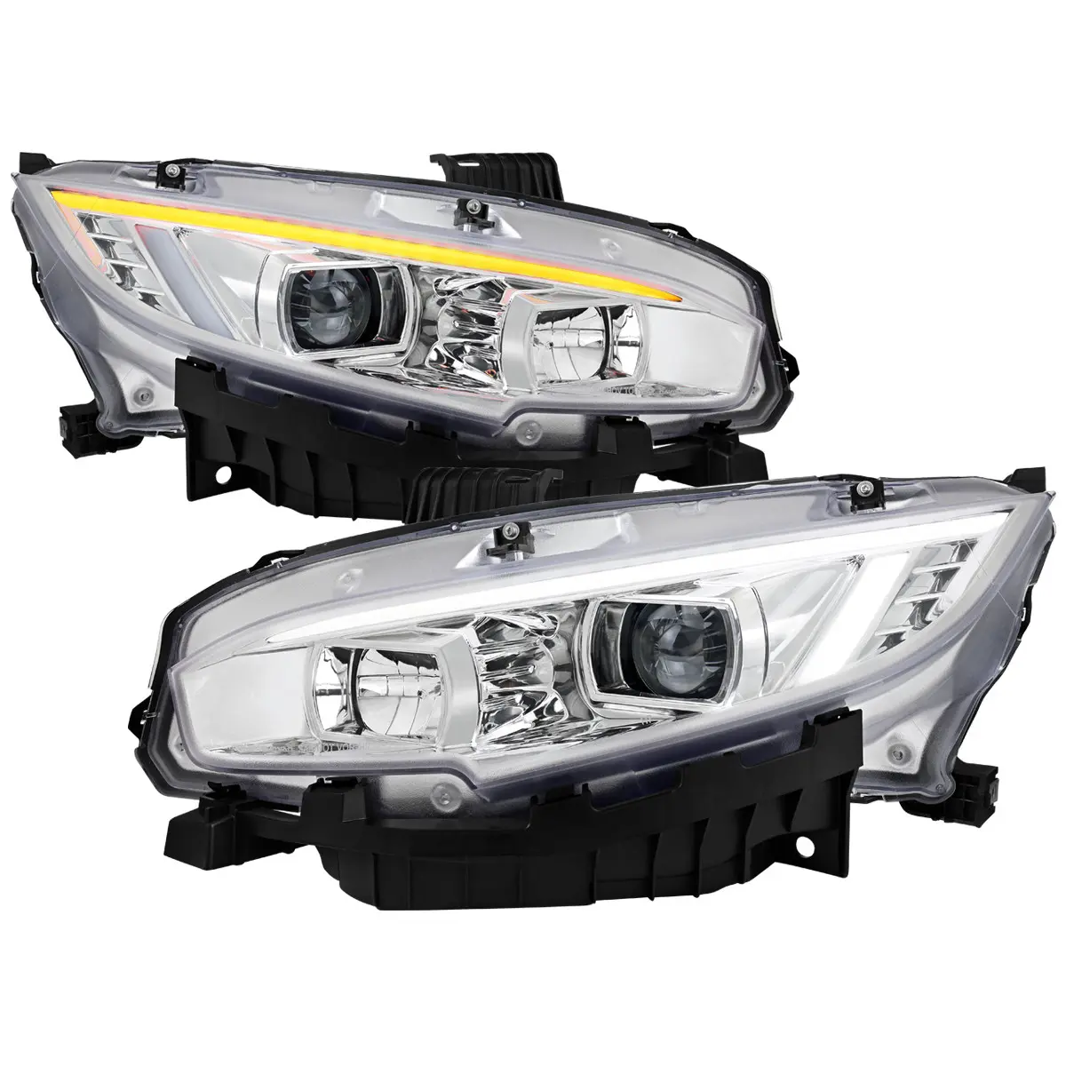 2016-2021 Honda Civic Projector Headlights w/ Switchback LED Sequential Turn Signals DRL Parking Light Strip (Chrome Housing  / Clear Lens)