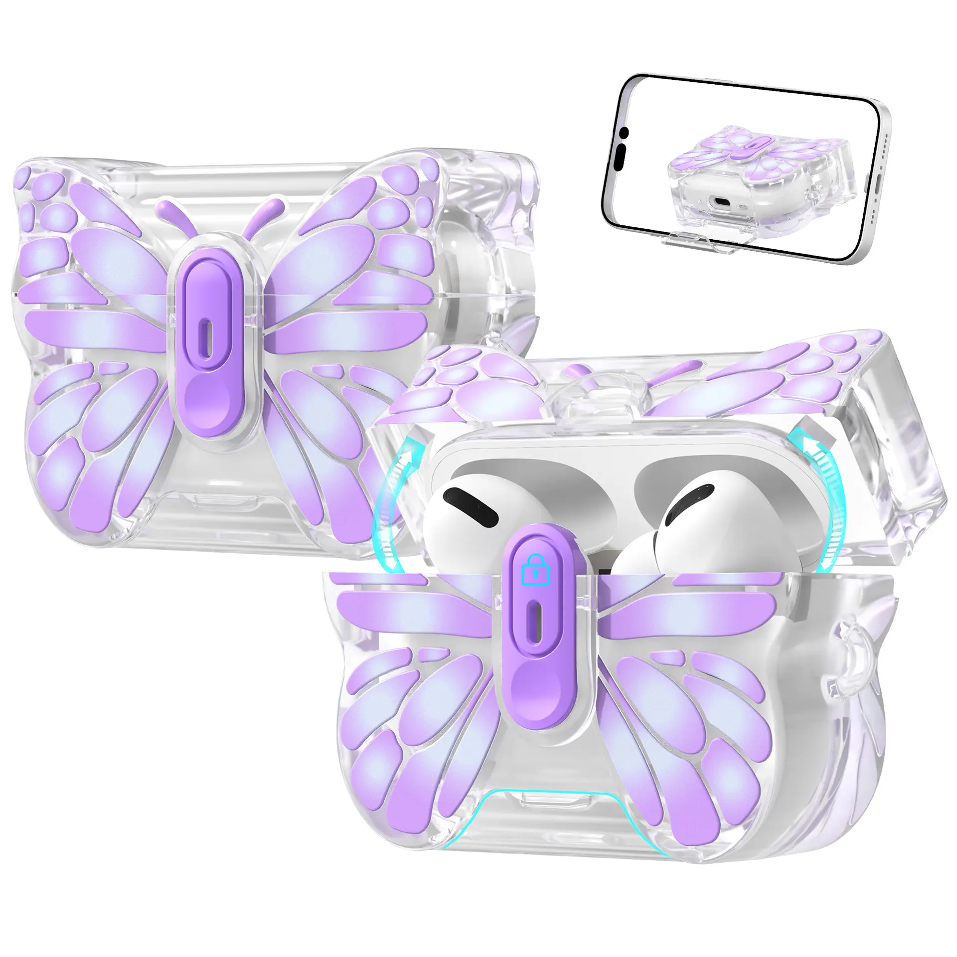 2026 New Compatible with for Airpods Pro/Pro 2 Earbud Case - Vibrant Purple Butterfly Wings, Translucent Pink TPU Soft Case with Stand, Includes Wrist Strap Hook - The Perfect Gift for Women