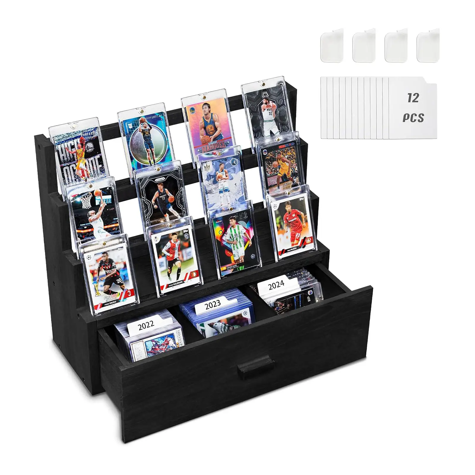 3-Tier Wooden Trading Card Display Stand & Storage Organizer with Velvet Drawer, Adjustable Dividers, Holds 1000+ Cards, for Graded Slabs, Toploaders & TCG