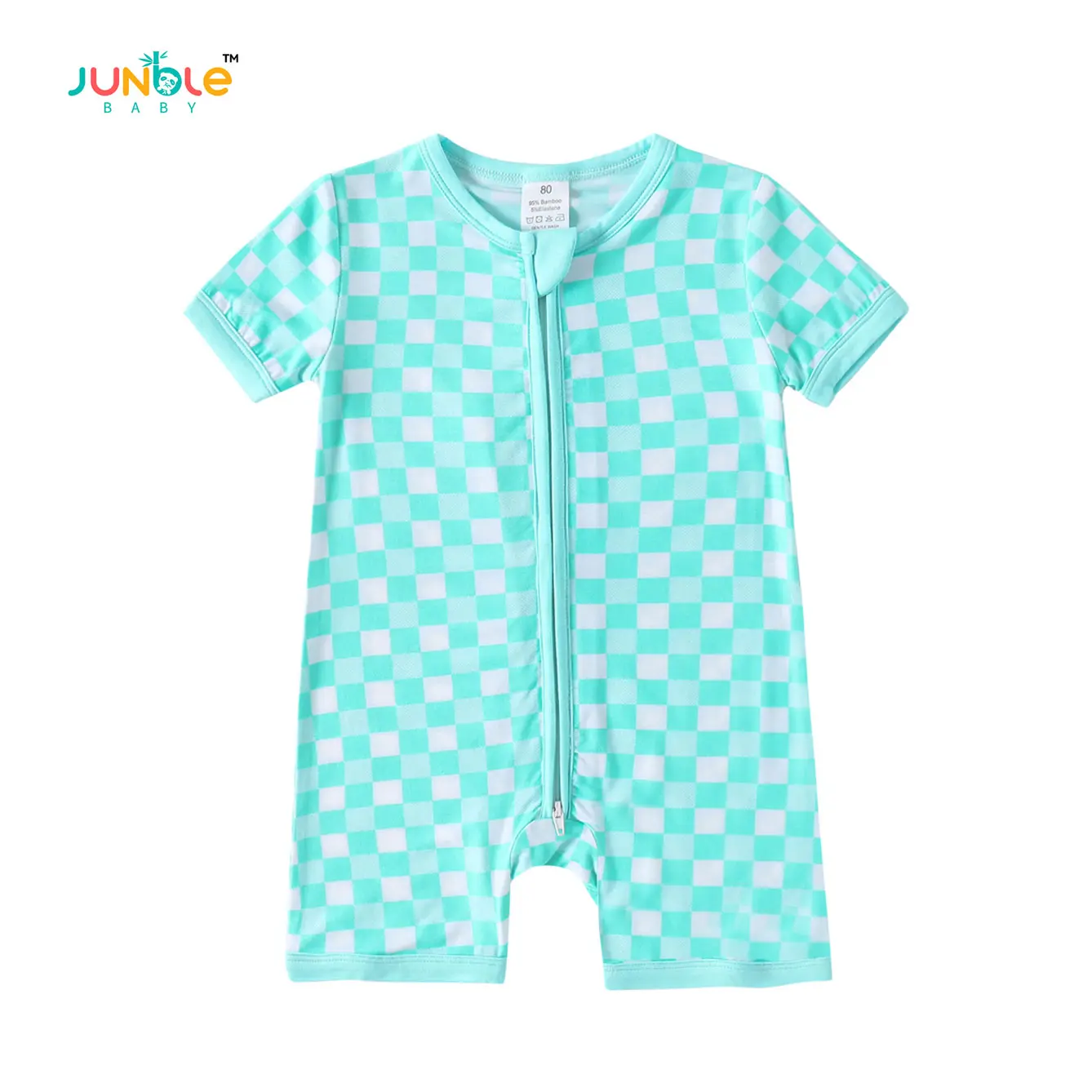 JUNBLEBABY Unisex Baby Bamboo Fiber Short-Sleeved 2-Zipper Blue Check Print Soft Bodysuit, Stylish 1-Piece Playwear, Baby Clothing, Crew Neck, Zippers Unisex Bodysuits & One-Pieces Easy Access Diaper Newborn Outfits Newborn Onesies