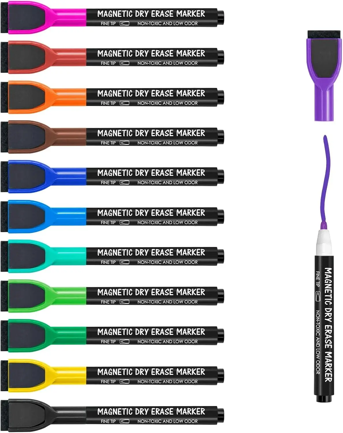 Maxtek Magnetic Whiteboard Markers - 12 Count Colorful Fine Tip Dry Erase Markers with Eraser for Kids, Low Odor Thin Markers for Calendar Boards maxtek