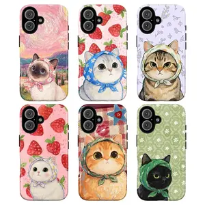 Retro cute cat phone case series, featuring aesthetic cat designs with scarves and floral patterns, suitable for iPhone 17/16/15/14/13/12/11 Pro Max/XS/X/XR/7P/8P, making it the perfect gift for friends, family, or yourself during the holidays., Flowers,,