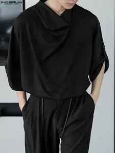 INCERUN Men's Fashion Solid Color Shirt, Casual Soft Shirt, menswear, tops, Loose Collar Half Sleeve Design, Casual Fitted Long Clothing for Daily Wear, Casual Fit Minimalist