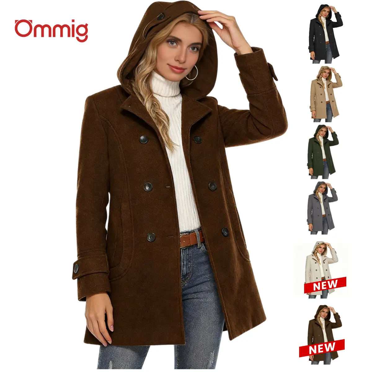 Ommig Women's Elegant Solid Long Sleeve Double-Breasted Wool Pea Coat with Hood, Casual Outerwear with Polyester Blend for Autumn, Winter,summerwins,back to school,back to school shopping
