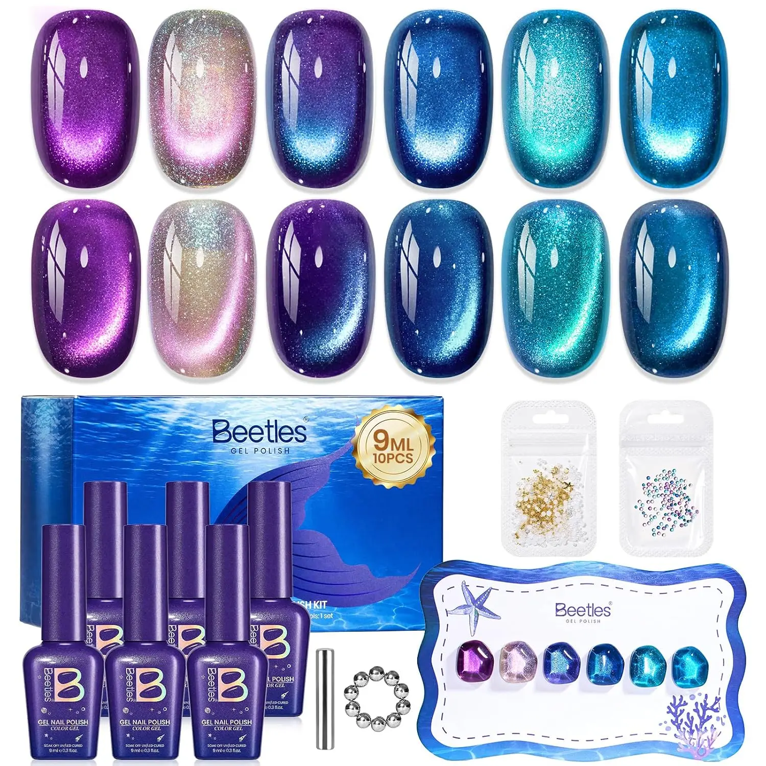 Beetles Siren Song Cat Eye Gel Polish Set, 6 Colors 9ml Blue Purple Magnetic Gel Nail Kit with Water Ripple Magnet Stick, Soak Off UV Gel for Fall Nail Art Gift