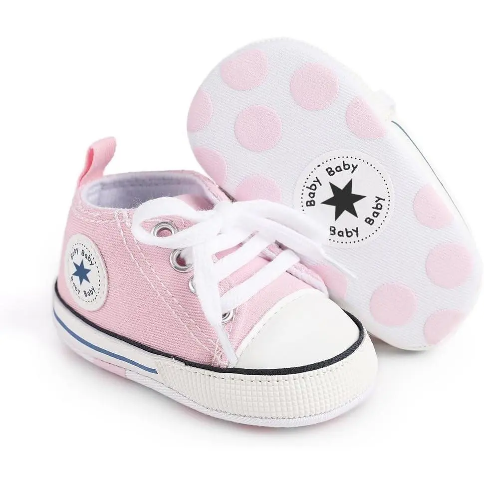 F-SOK14 0-6 Months Infant High-Top Canvas Denim Trainers - Rubber Non-Slip Newborn Walking Shoes, Casual Prewalker Footwear, Infant High Tops, Casual Prewalker Shoes, Unisex Wear, High-Top Sneaker