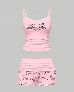 ZESTY LUSH Kawaii Cute & Sweet Japanese Emoticon Print Lace Camisole & Ruched Shorts Pajama Set, Casual Loungewear