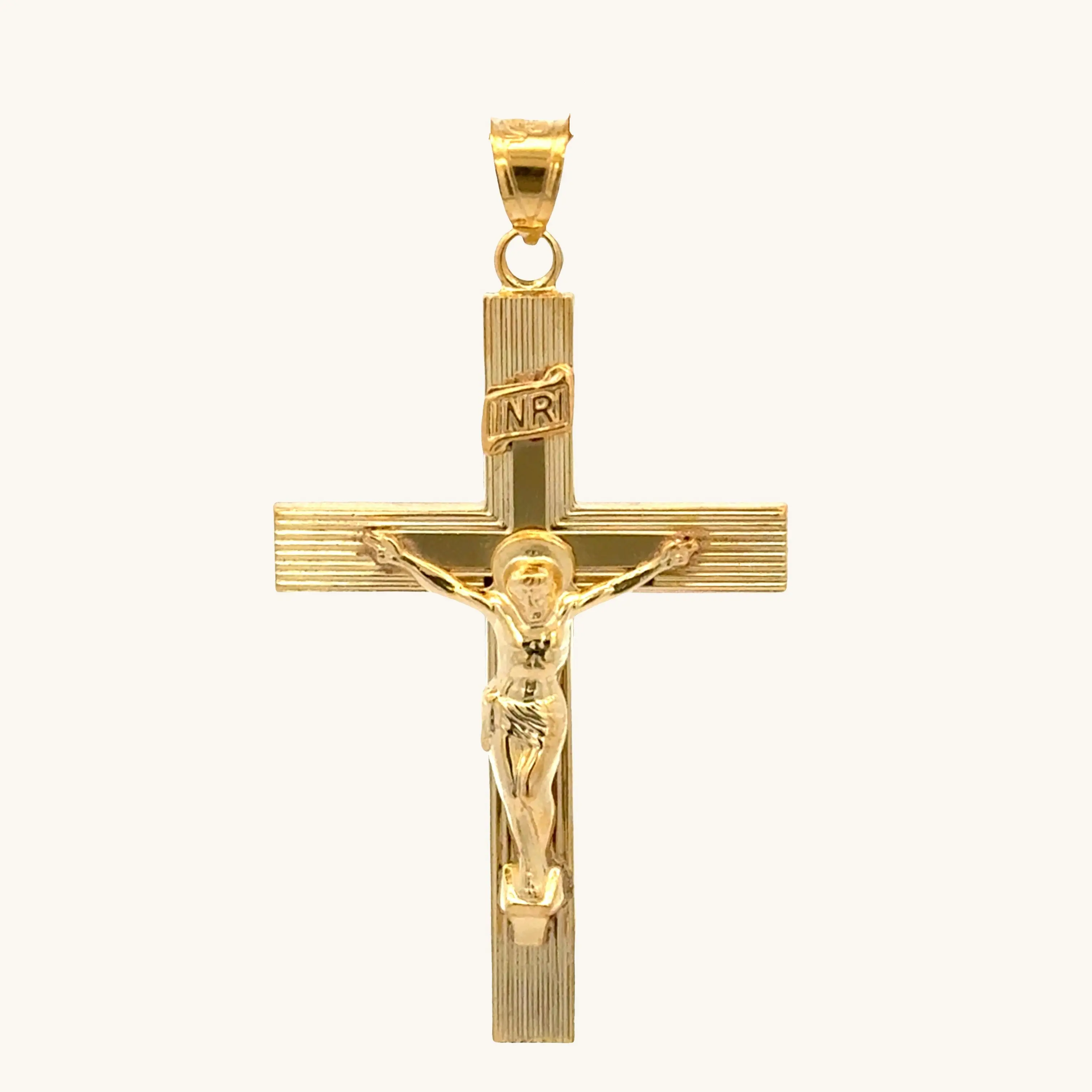 SOLID 14K DOUBLE BONDED GOLD ENGINE TURN XXL INRI CRUCIFIX