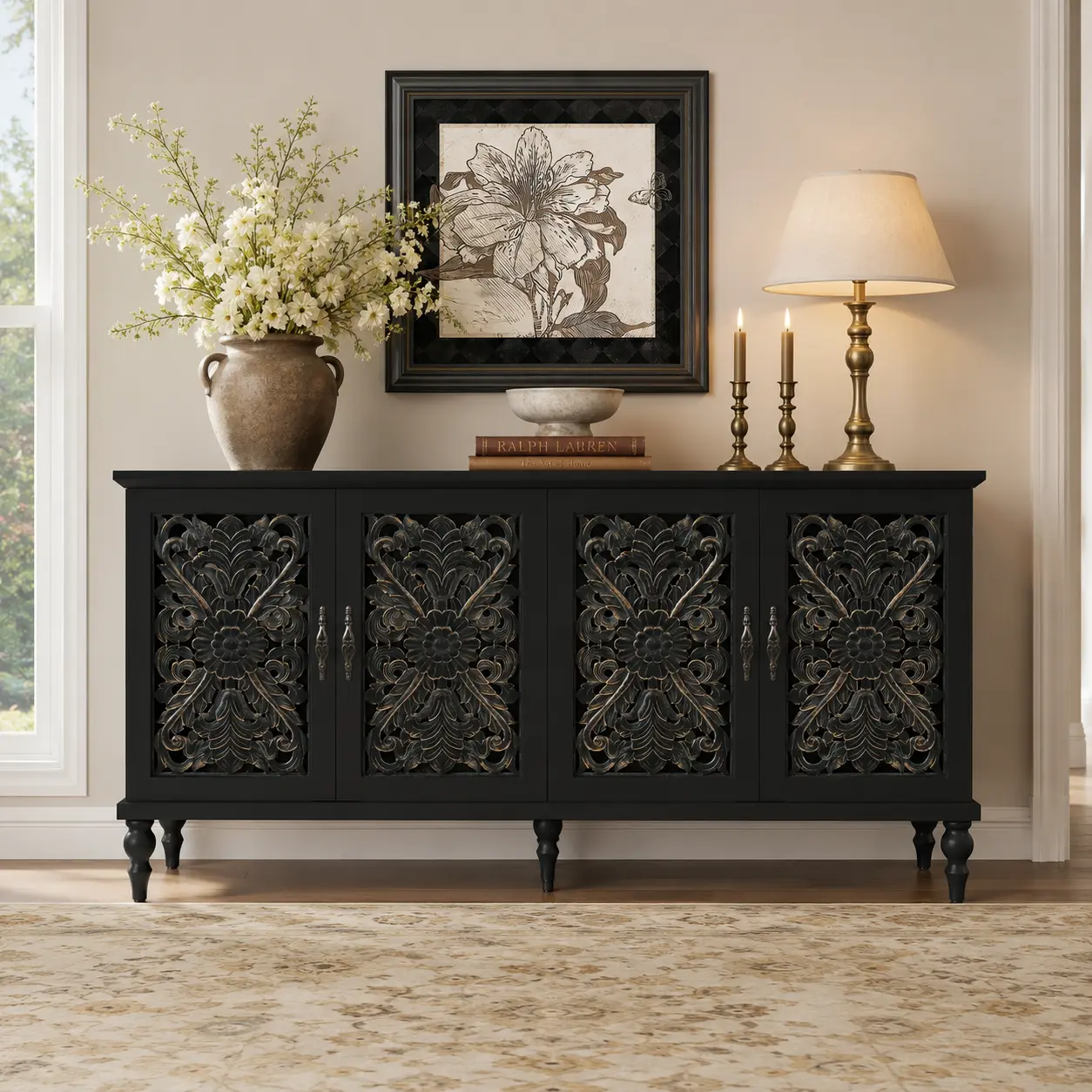 【summerwins】HLR Vintage Aesthetic Hollow Carved 4-Door Farmhouse Storage Cabinet - Sturdy, Safe, Durable Antique Sideboard Wood Cabinet Classic Floor Credenza with Ample Space, Easy Assembly, Space-Saving for Living Room, Dining Room, Wood Cabinets summe