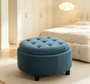 29.33"W Fleece Upholstered Round Ottoman - Reversible Lid Storage Stool with Hand-Pulled Buckle Decor for Living Room, Bedroom