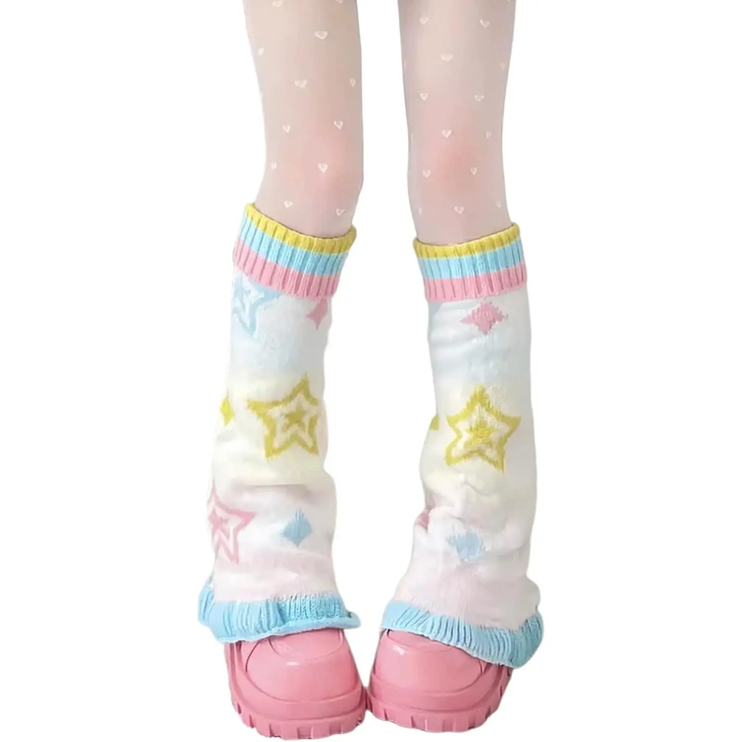 Womens Knit Leg Warmers Y2K Star Pattern Flared Knee High Leg Sleeve Socks Goth Punk Harajuku Streetwear Leg Cover