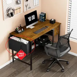 Lufeiya Computer Desk with Drawers - 40 Inch Work Reversible Small Desk for Bedroom Home Office, Simple Study Writing Table PC Desks with Drawer Storage Shelves, Rustic Brown, Get Free Gift