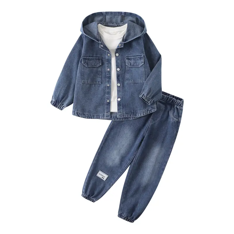 2-piece autumn and winter new boy simple fashion cowboy hooded long-sleeved coat trousers suit casual Joker boy gift trend outdoor children's wear Set Outfit Outfit Sets