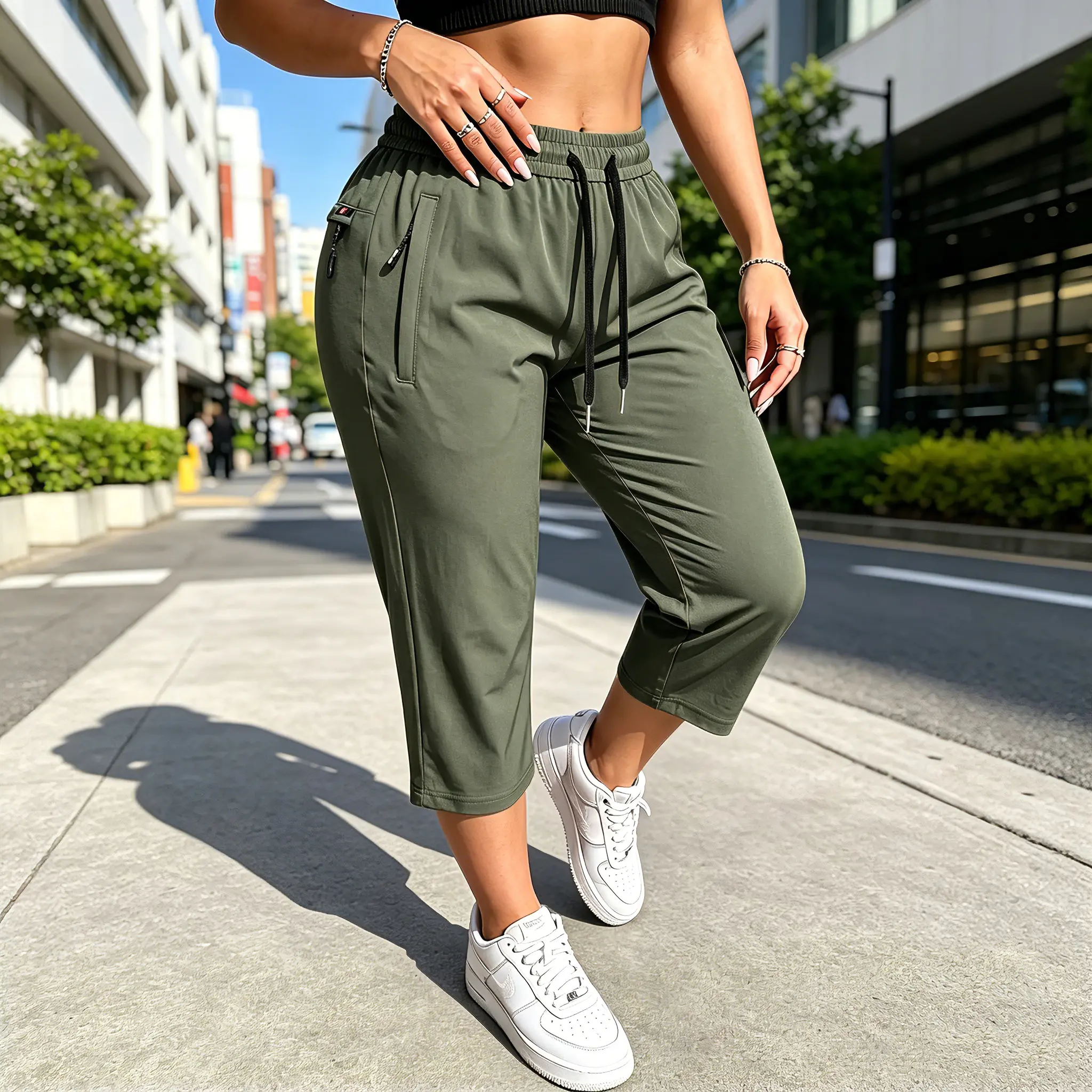 pea green summer High-Stretch Ice Silk Capri Pants for Women Quick-Dry Lightweight 7/8 Jogger Pants with 3 Zipper Pockets, Elastic Waist Athletic Casual Trousers for Running, Gym & Everyday Wear Womenswear Athleisure Style Bottoms # capri pants women