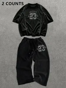 TikMen Men's Casual Sportswear Set Athleisure Wear Set Short Sleeve T-Shirt & Loose Straight Leg Pants, Round Neck Fitted Top, Comfortable Soft Fabric, Sweatsuit Sets