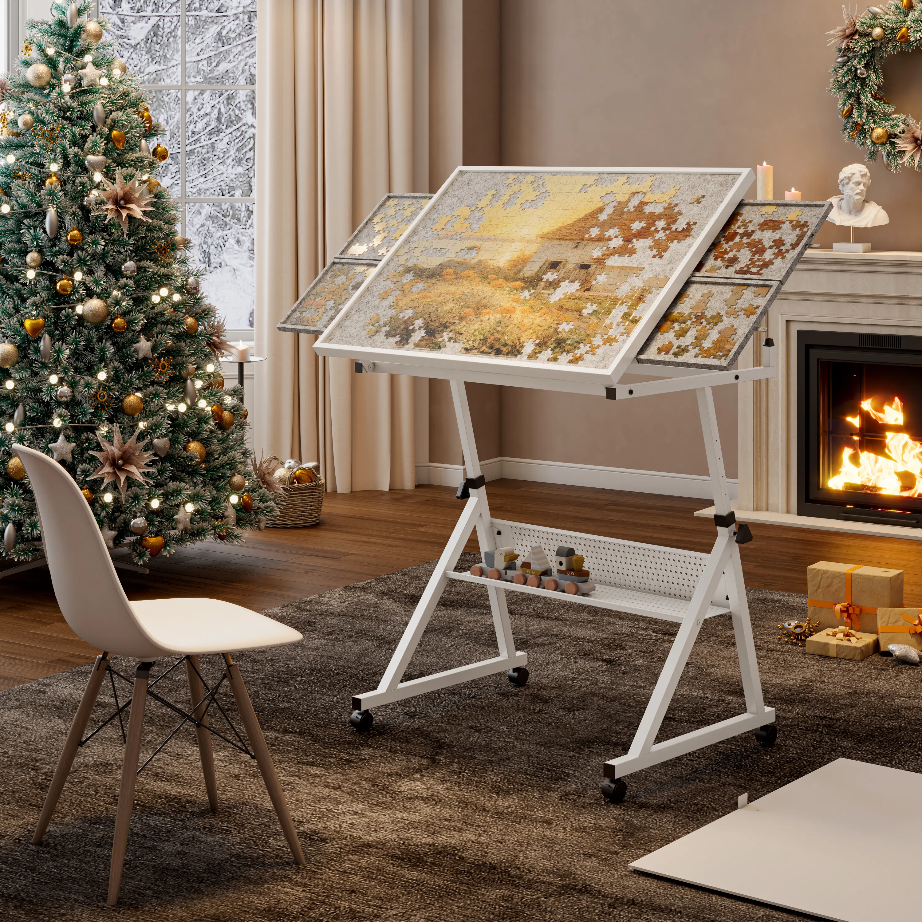 Adjustable Office Drafting Table with Tiltable Top, Wheeled Base, Side Trays, Storage Shelf – Mobile Art Desk for Drawing, Jigsaw Puzzles, Home Office Use