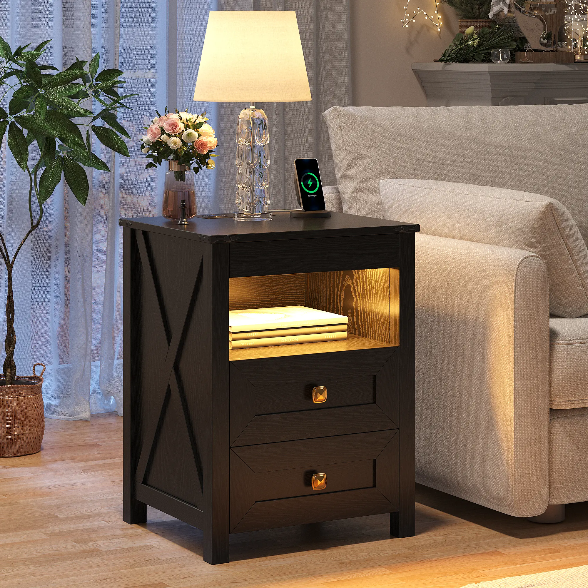 FREDEES Farmhouse Rectangular LED Narrow Side Table Nightstand - Lockable Safe Drawer, Lockable Cabinet, USB+Type-C+Wireless Charging Station, 3-Color Mood Light, Human Sensor, Assembly Required Modern Bedroom Space-Saving Indoor Furniture