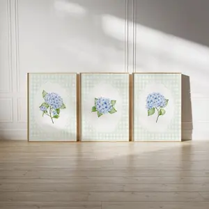 Hydrangea Print Set of 3, Blue and Green Grandmillennial Decor, Blue Floral Wall Art, Cottagecore Gingham Posters, Digital Download