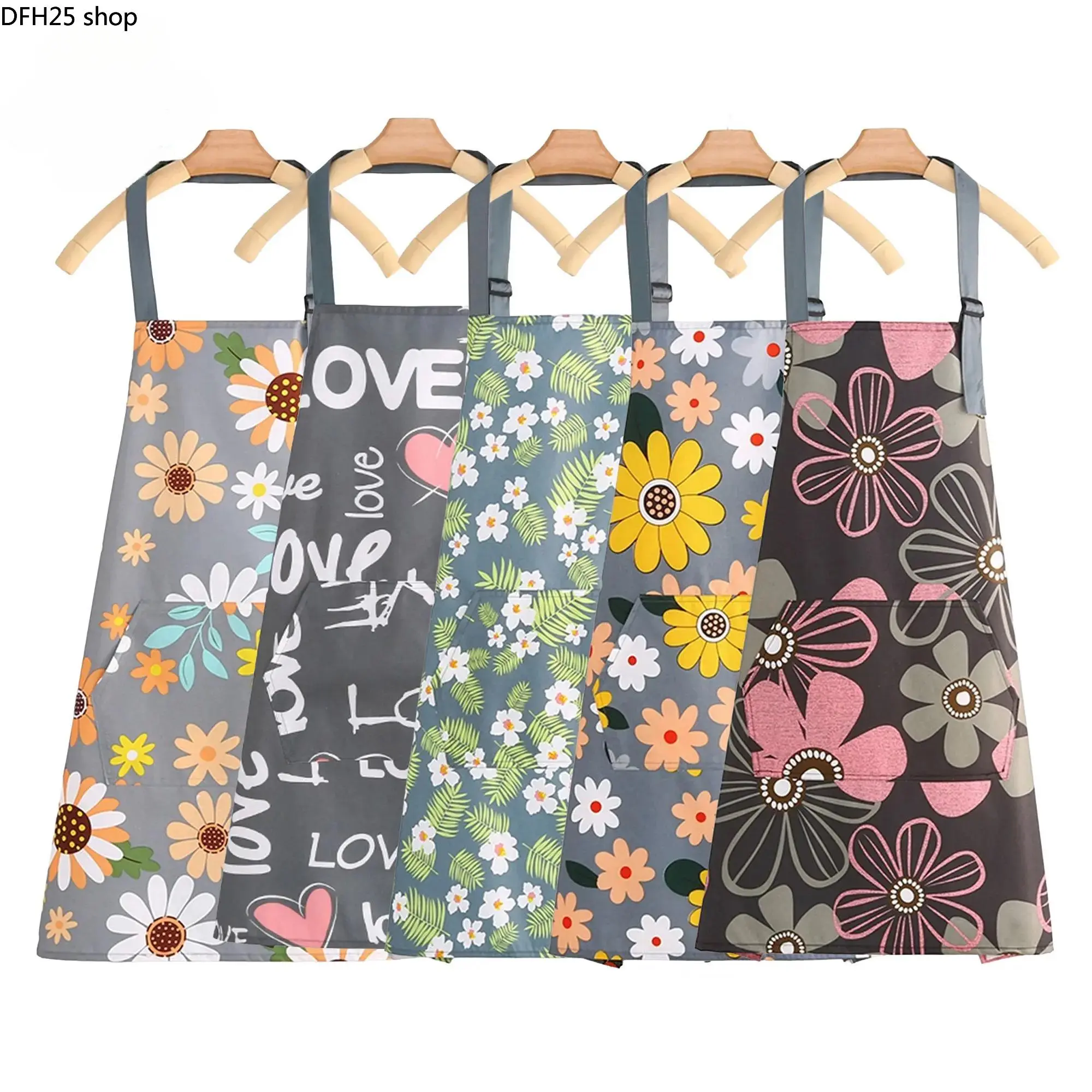 Floral Kitchen Apron Set with Pocket, Waterproof Adjustable Work Aprons for Cooking, Baking, Gardening and Salon Work Activities