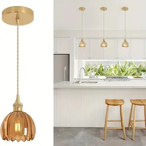 Vintage Brass Adjustable Hanging Lamp, Tulip Glass Shade, Suitable for Kitchen Island, Dining Room, Hallway, Home Use, No Bulb Included, Home Ceiling Lighting