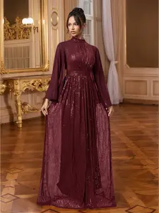 Elegant Women's Round Neck Long Sleeve Evening Dress, Formal Gown for Weddings, Parties, Opera Nights, Charity Events