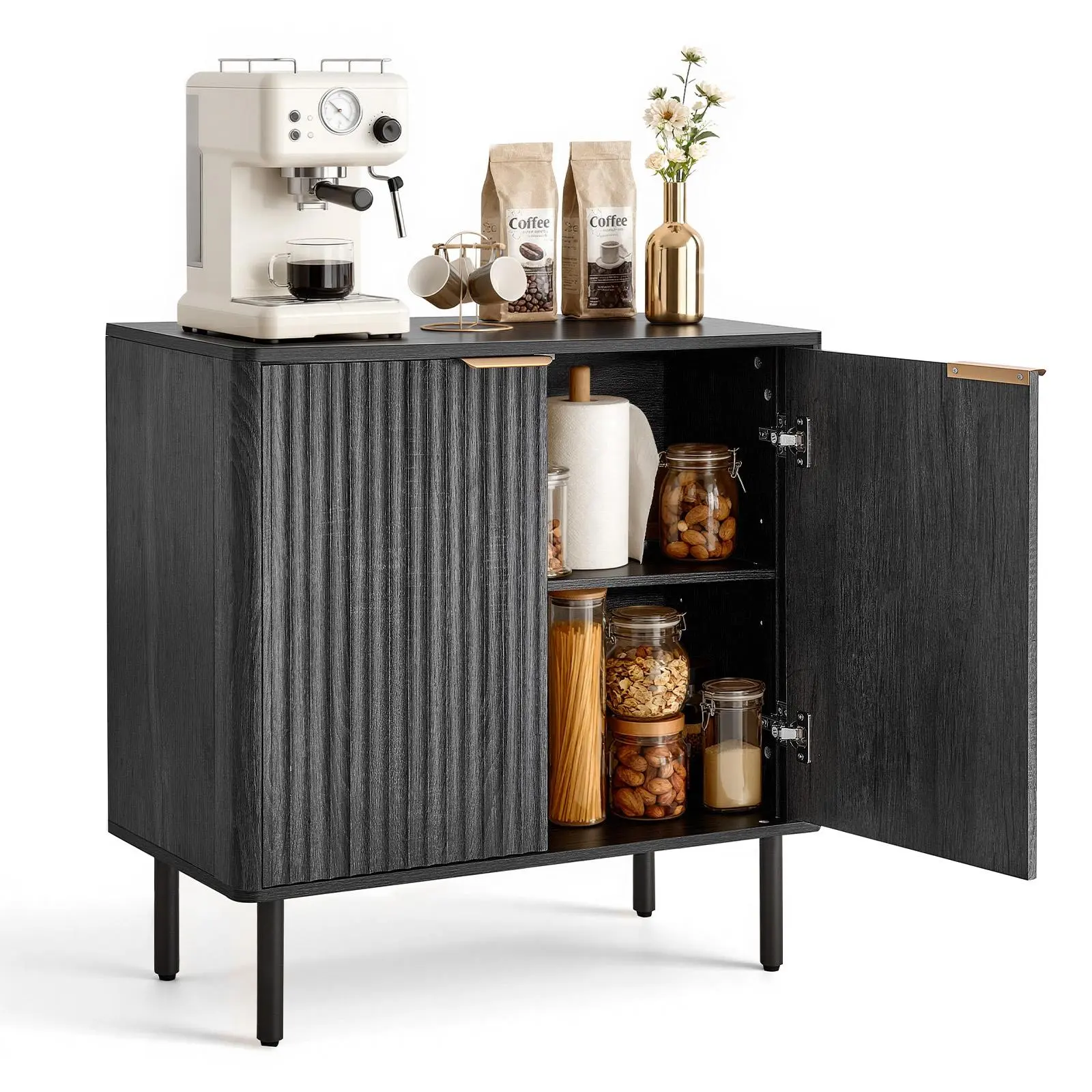 VEVOR Mid-Century Fluted Coffee Bar Cabinet - Modern Storage Cabinet, 2-Tier Sideboard Buffets, Barn Door Stand, 31.5x14.7x31.5in Black Unit for Living Room, Entryway, Sideboard Buffets Cabinet