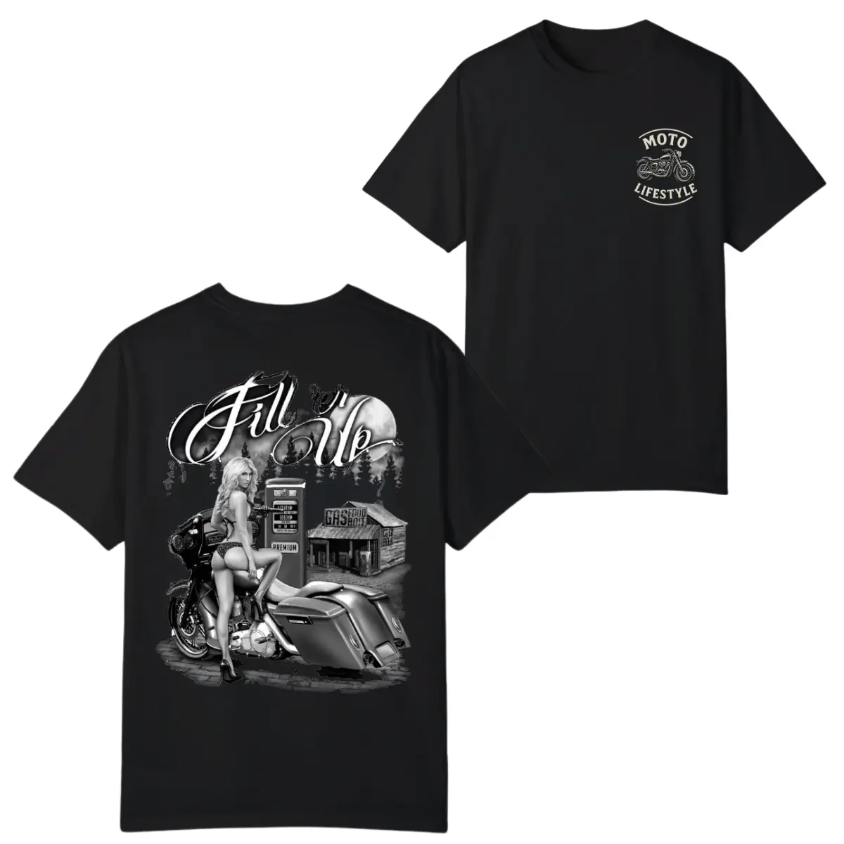 180g[100%cotton]Fill 'er Up Retro Motorcycle Art T-Shirt – Vintage Gas Station Design for Bikers and Nostalgia Lovers, Perfect for Motorcycle Enthusiasts and Classic Style Fans, Summer Vacation Outfits, 2025 Shirt