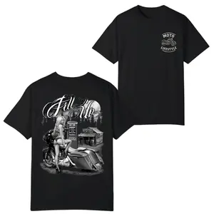 Fill 'er Up Retro Motorcycle Art T-Shirt – Vintage Gas Station Design for Bikers and Nostalgia Lovers, Perfect for Motorcycle Enthusiasts and Classic Style Fans, Summer Vacation Outfits, 2025 Shirt