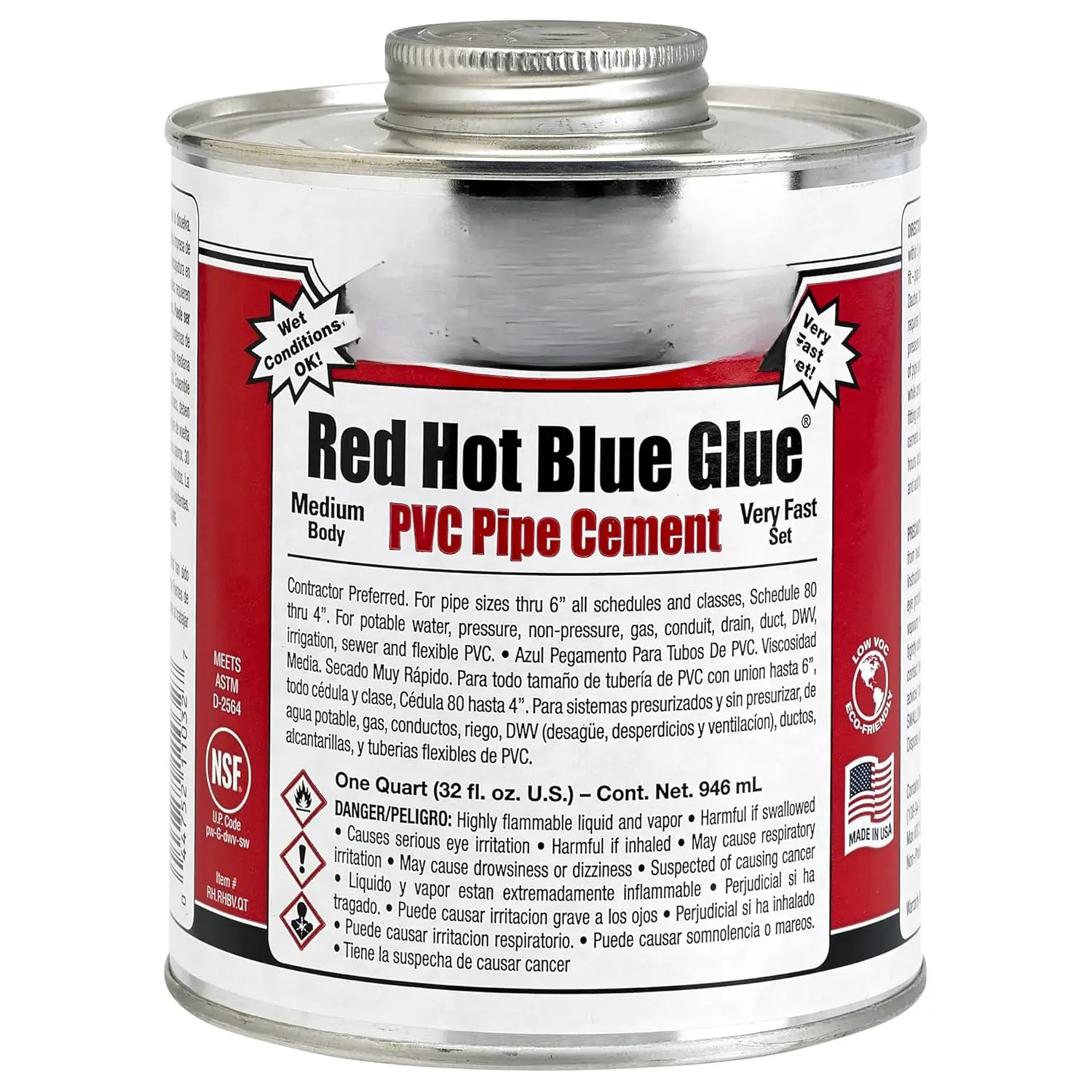 Red Hot Blue Glue PVC Cement - Medium , Very Fast Set, Low-VOC, 1 Quart (32 fl oz)