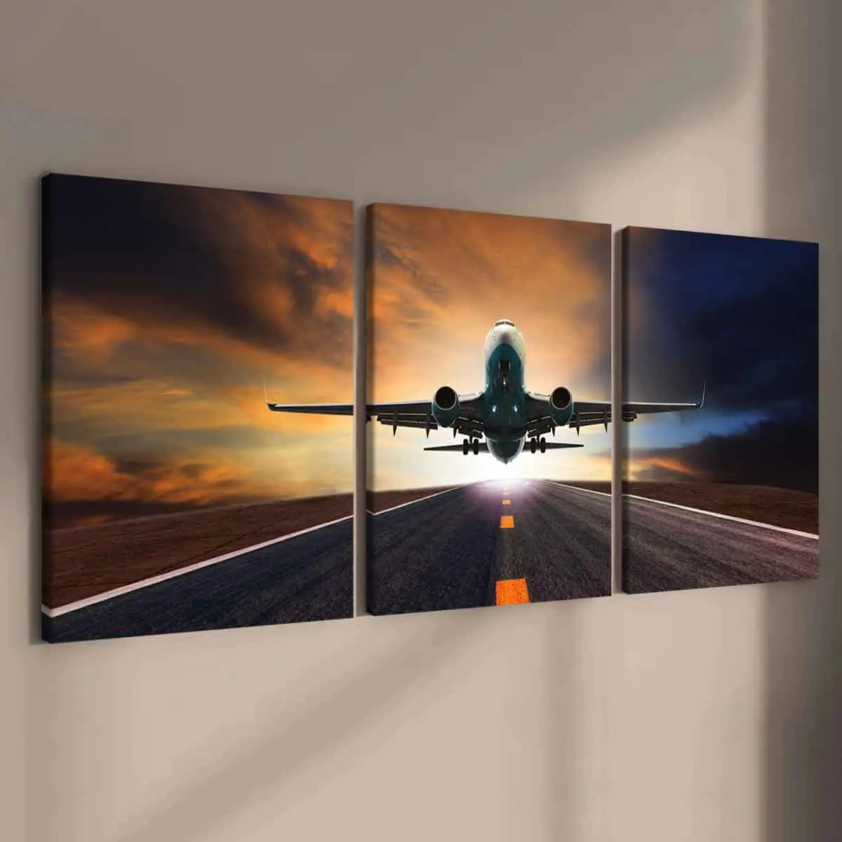 3-Piece Modern Art Canvas Prints, Solid Wood Frame Wall Decor, Airplane Takeoff Landscape Poster, Ideal Gift for Home Decoration, Living Room Decorations