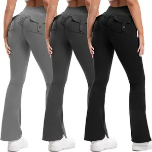 3PCS Women's High-Waisted Boot Style Carved Pleated Buttocks Flare Leggings Stretch Training And Fitness Flared , Super Comfortable Daily Pants shapewear leggings Gym Exercise Leggings